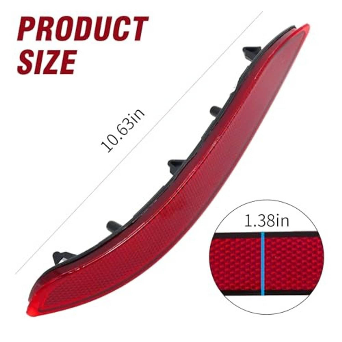 Red rear bumper reflector with black mounting clips, shown with size measurement