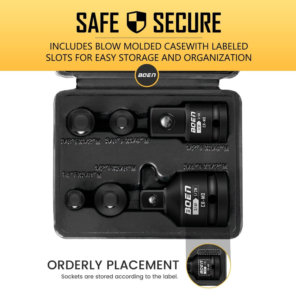 Open black molded case with slots holding black impact socket adapters, including one loose
