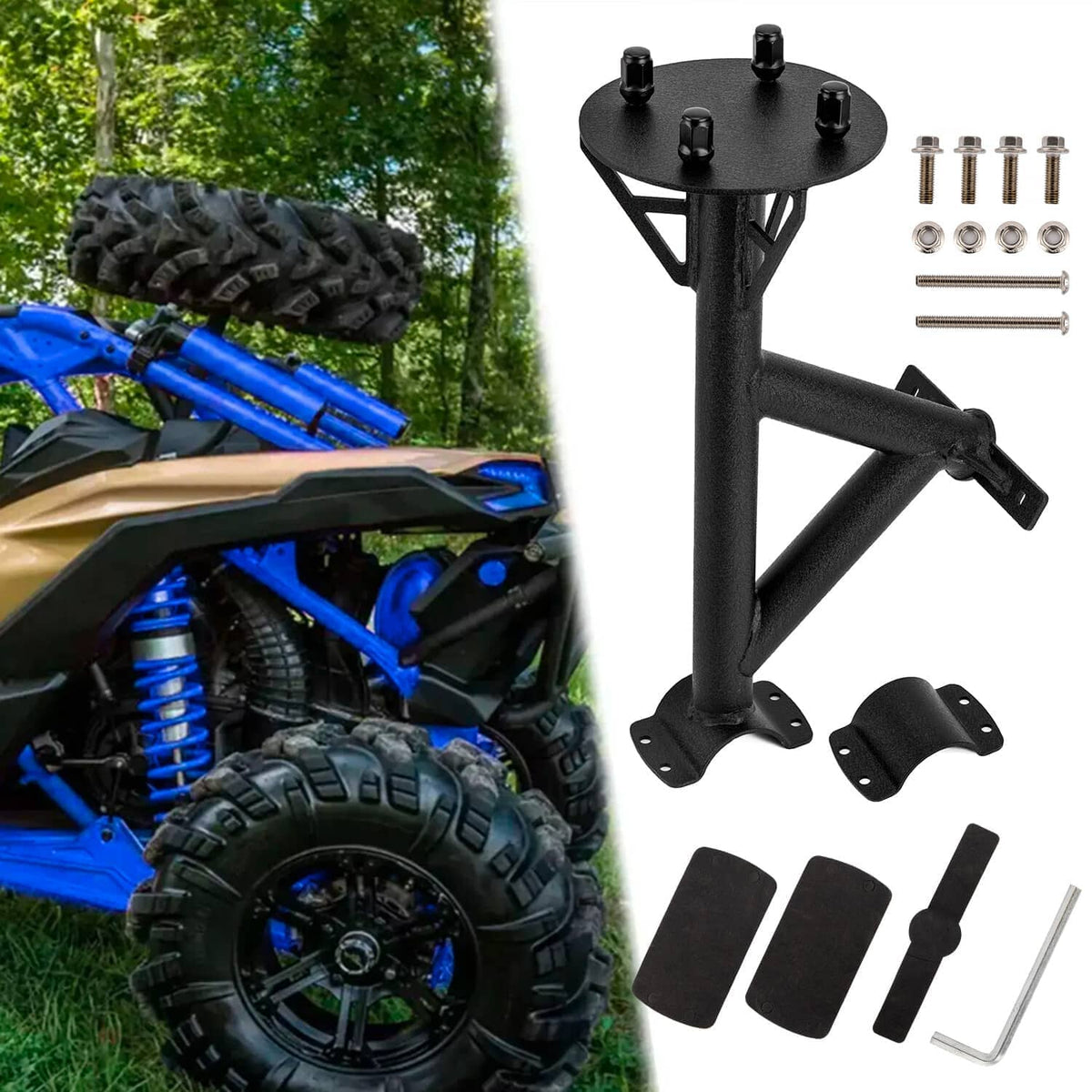 Black spare tire carrier mount rack with round base on ATV rear
