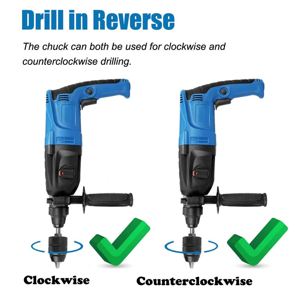Reversible keyless drill chuck on rotary hammer drill, clockwise and counterclockwise