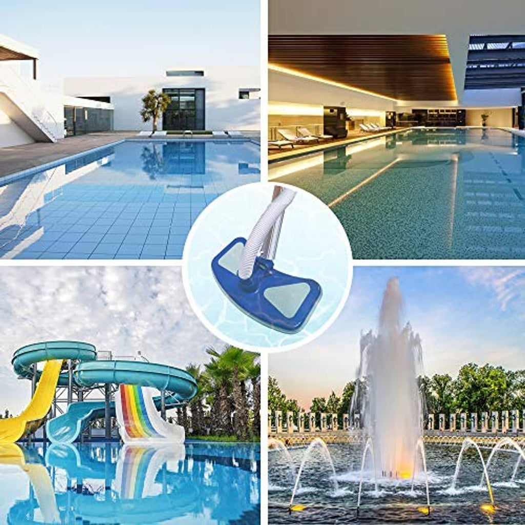 Blue pool vacuum head with white brush pads for cleaning residential pools