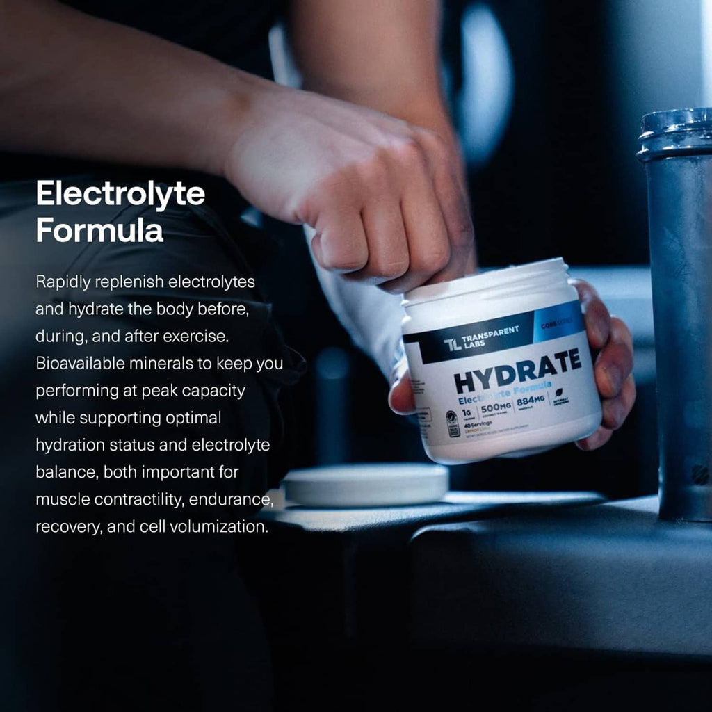 Hydrate electrolyte supplement tub being held, blue label with “HYDRATE” visible