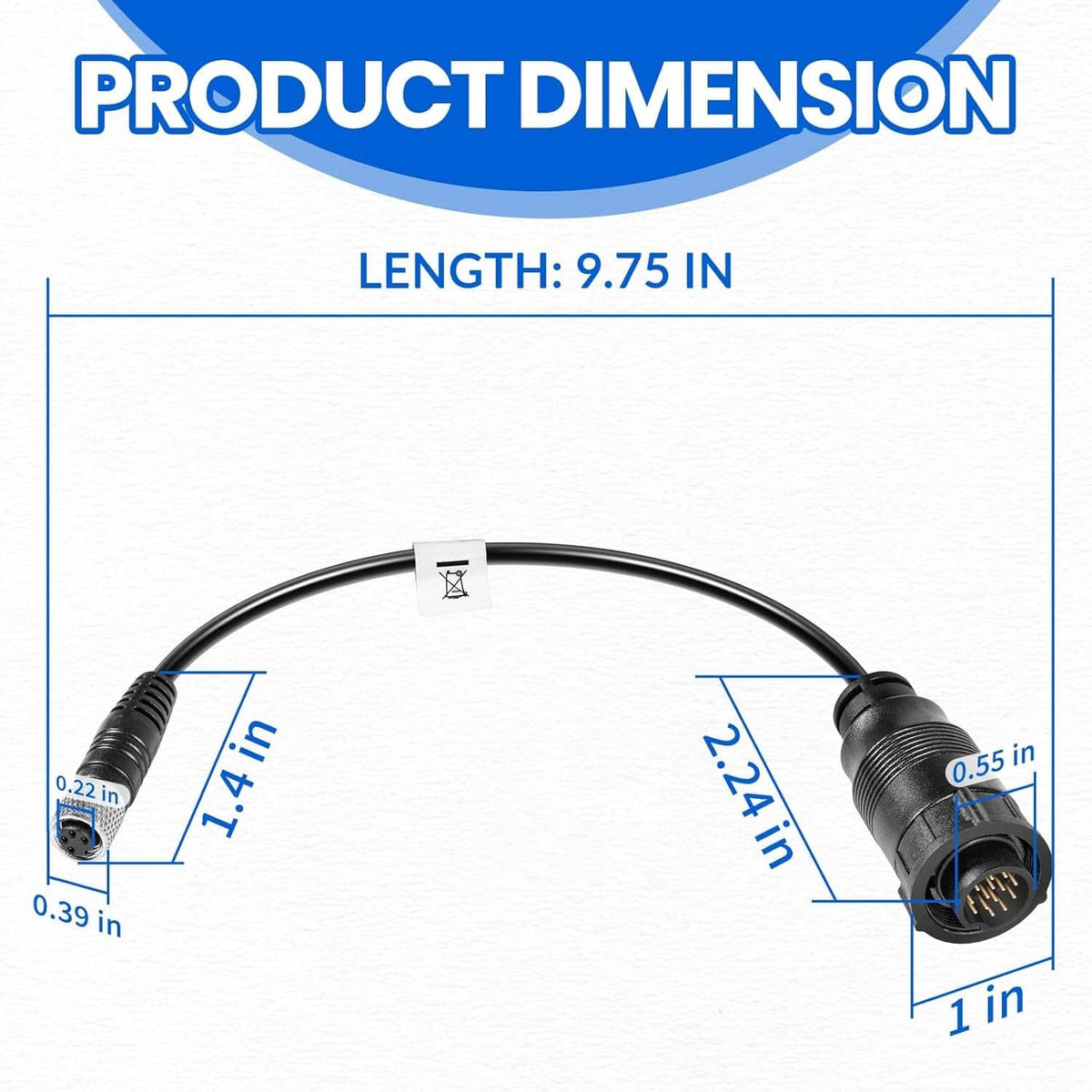 Universal sonar adapter cable product dimension diagram with black cable and connectors.