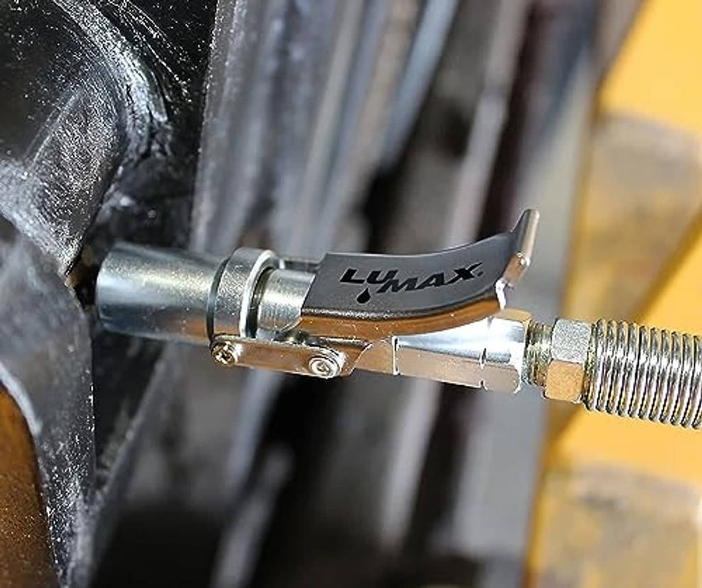 Silver quick release grease coupler attached to grease fitting with hex threaded end