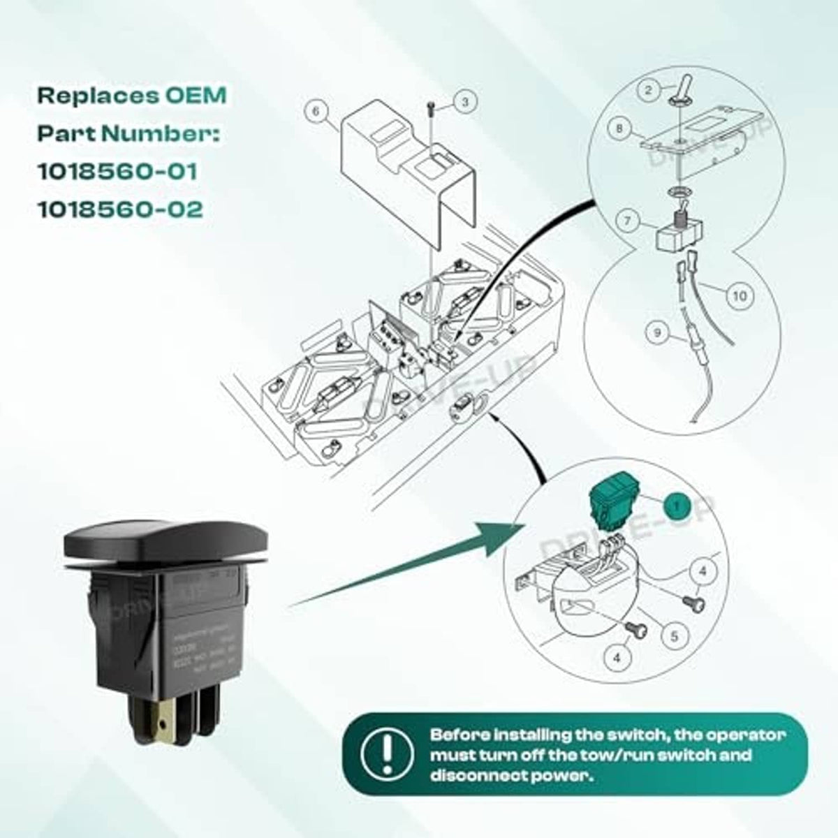 Black forward/reverse switch with illustrated wiring connections and mounting steps