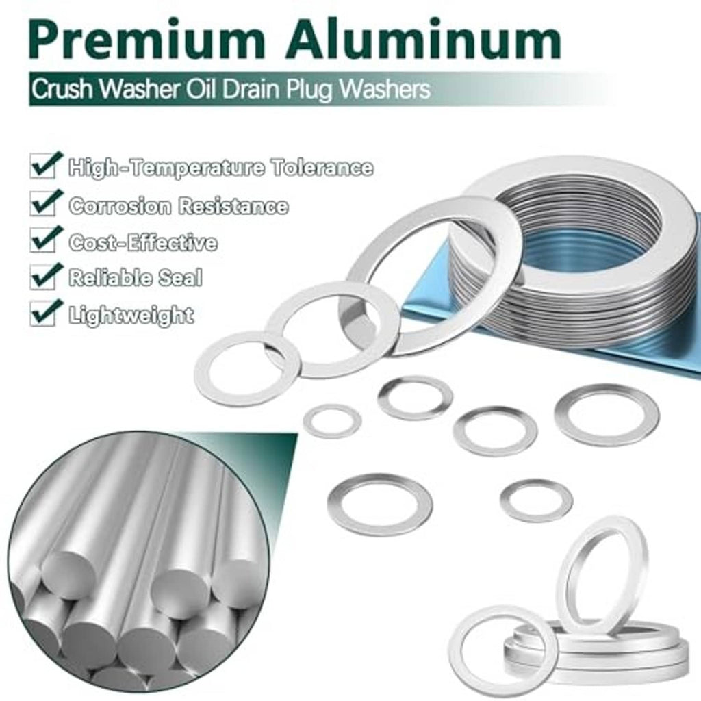 Aluminum oil drain plug crush washer gaskets, assorted rings and stacked coils