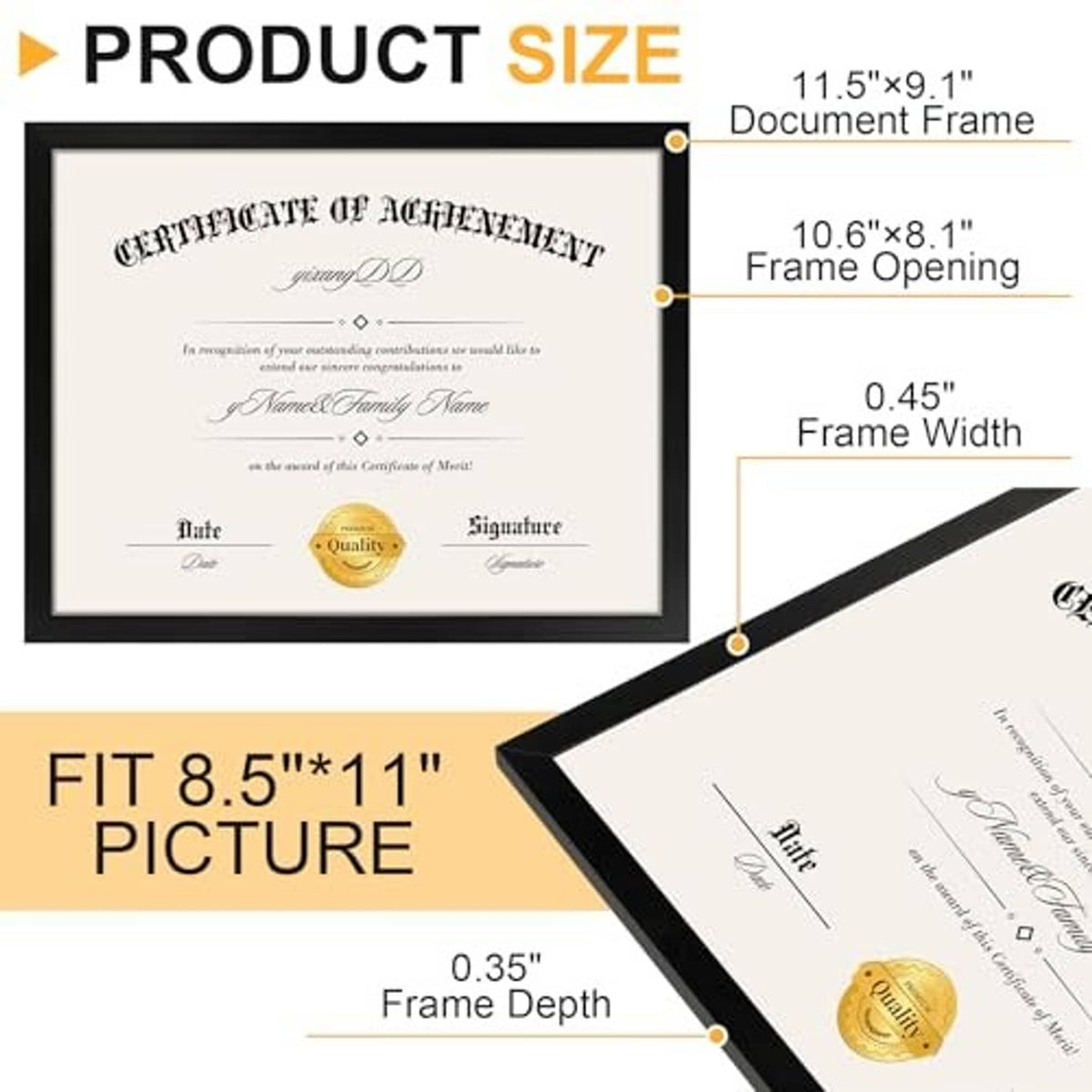 Certificate frame size guide for 8.5x11, showing frame opening and 0.35in depth