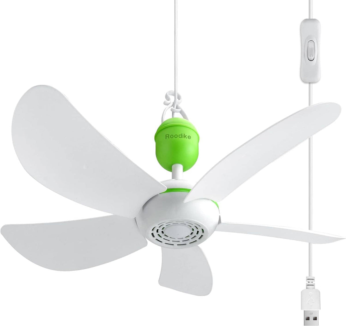 Portable USB ceiling fan with five white blades and green motor housing, hanging cord with switch