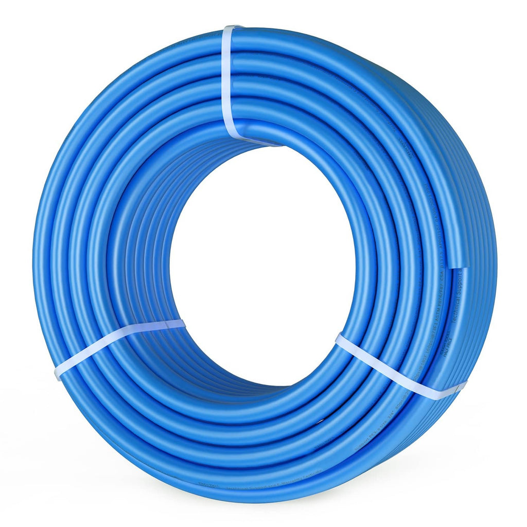 Close-up of coiled blue 3/4 in PEX-A tubing pipe roll