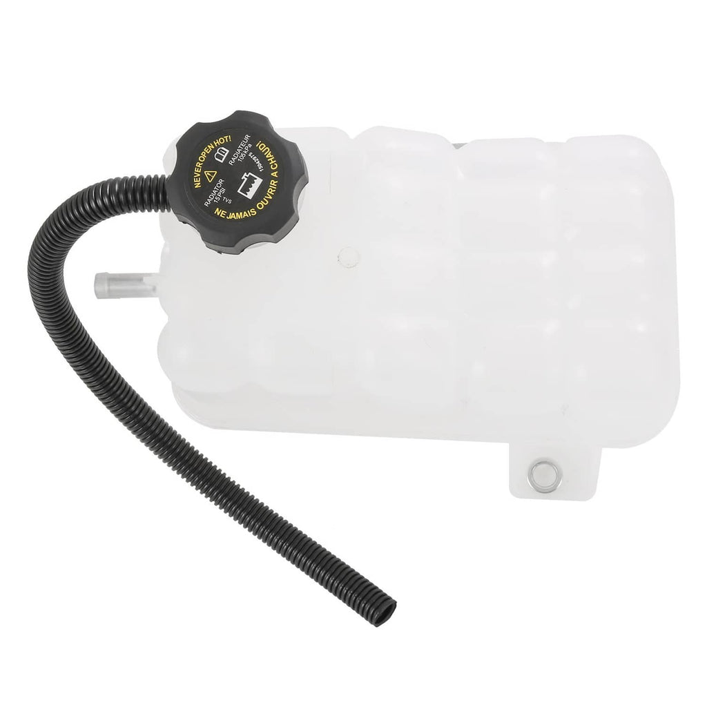Coolant overflow reservoir tank with black cap and corrugated hose, white plastic