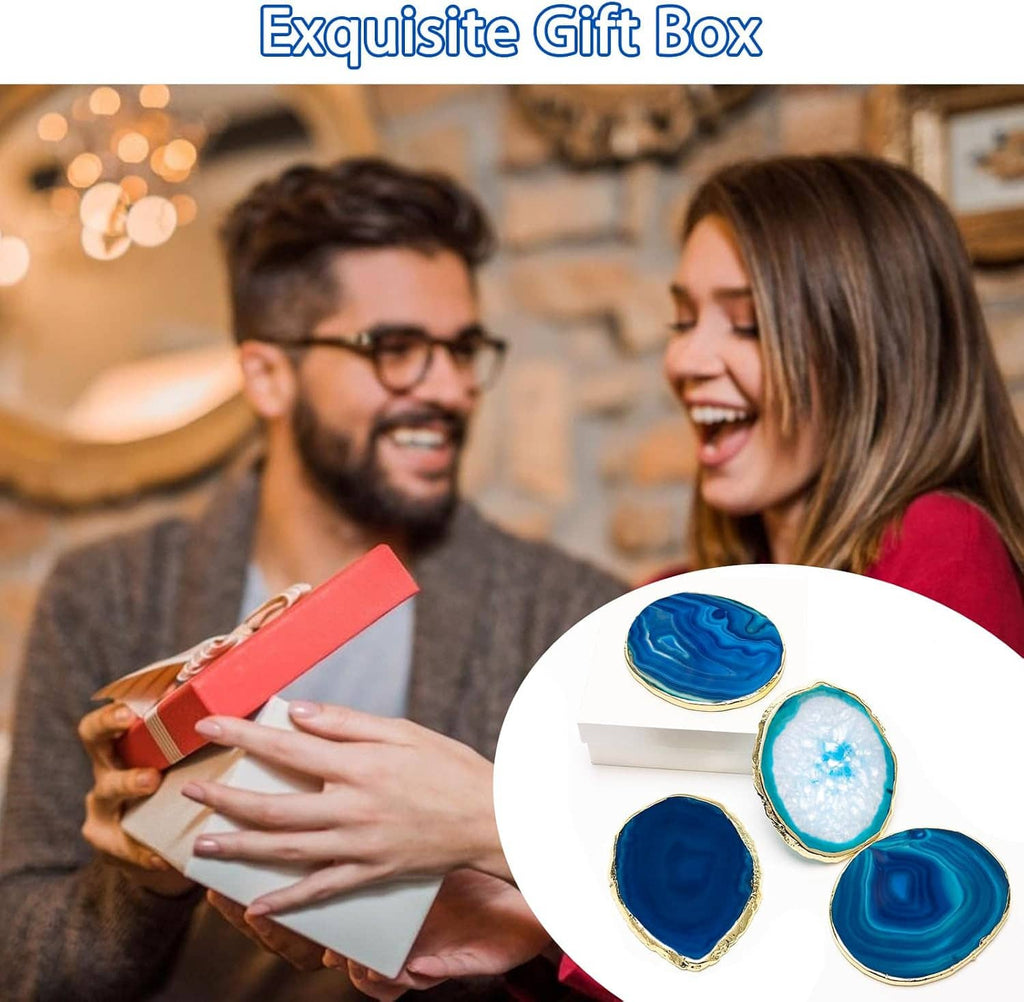 Agate-style blue coasters in a gift box, shown with four coaster pieces.