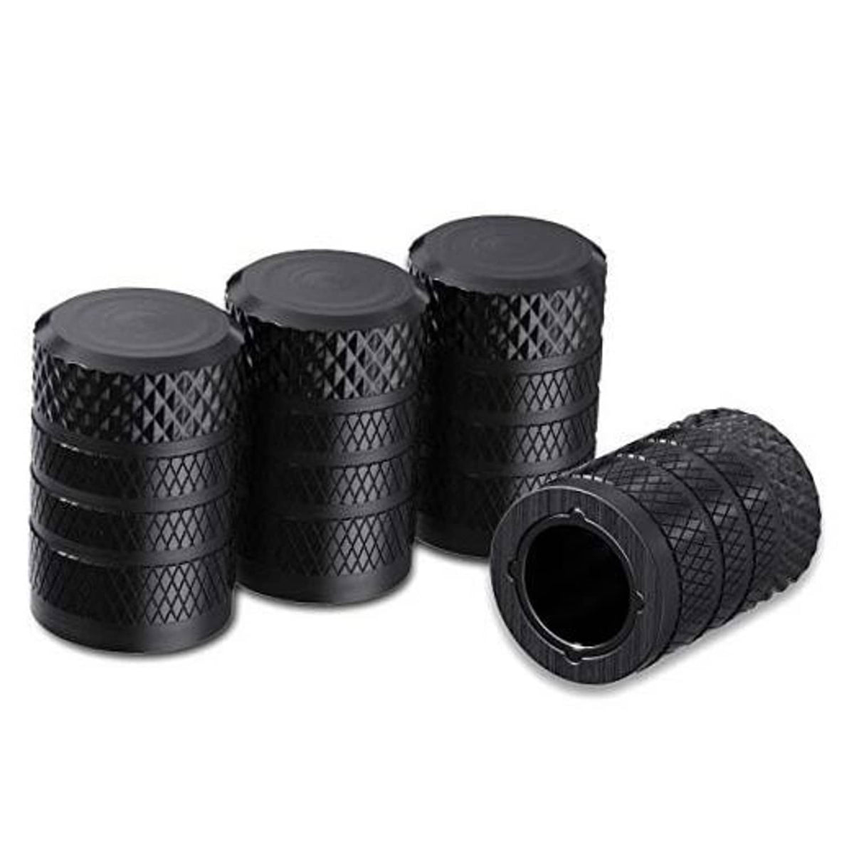 Black anodized aluminum tire valve stem caps with textured grip, 4-pack