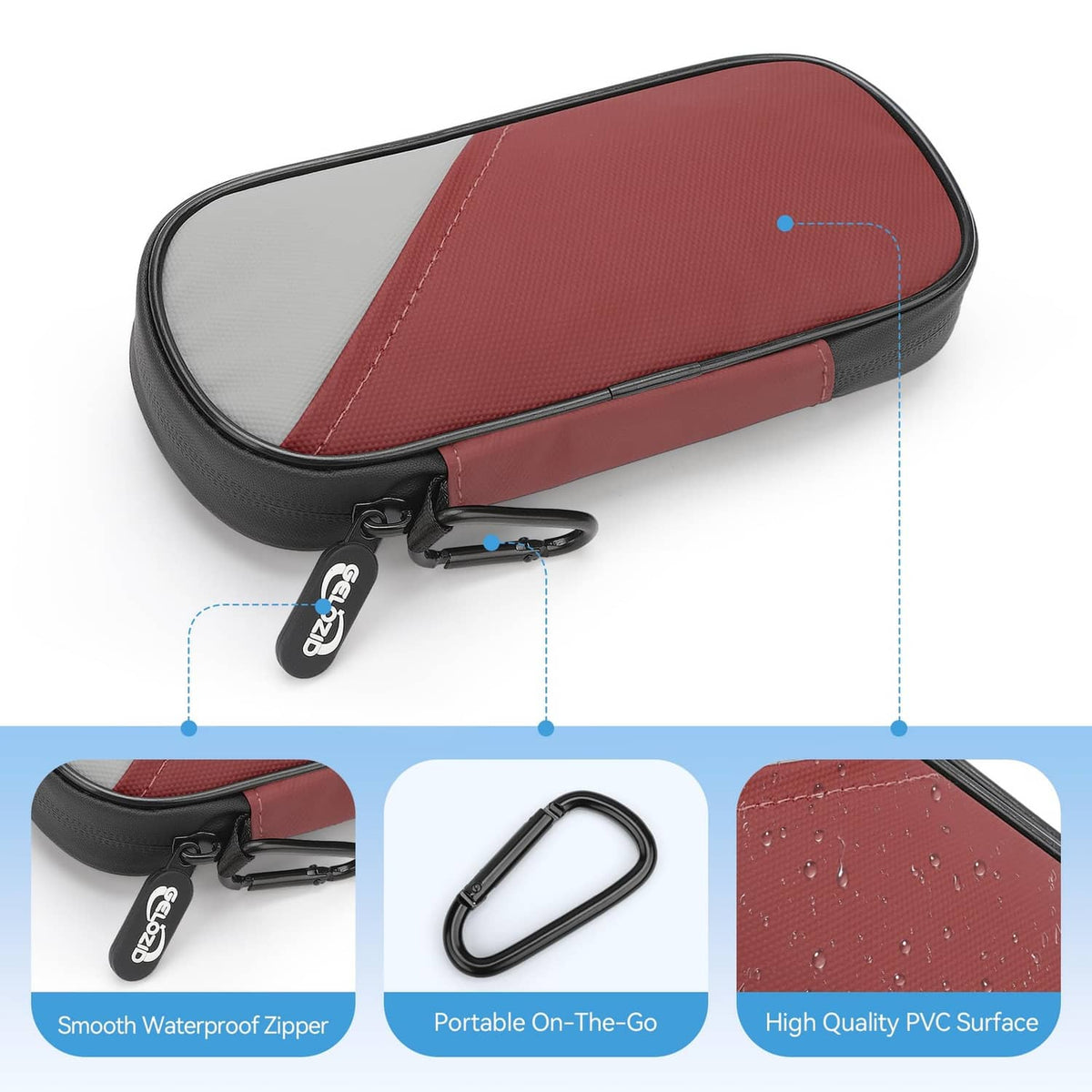 Red and gray insulin cooler case with smooth waterproof zip and black carrying loop