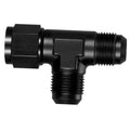 Black AN10 T-fitting adapter with male flare and threaded swivel ports