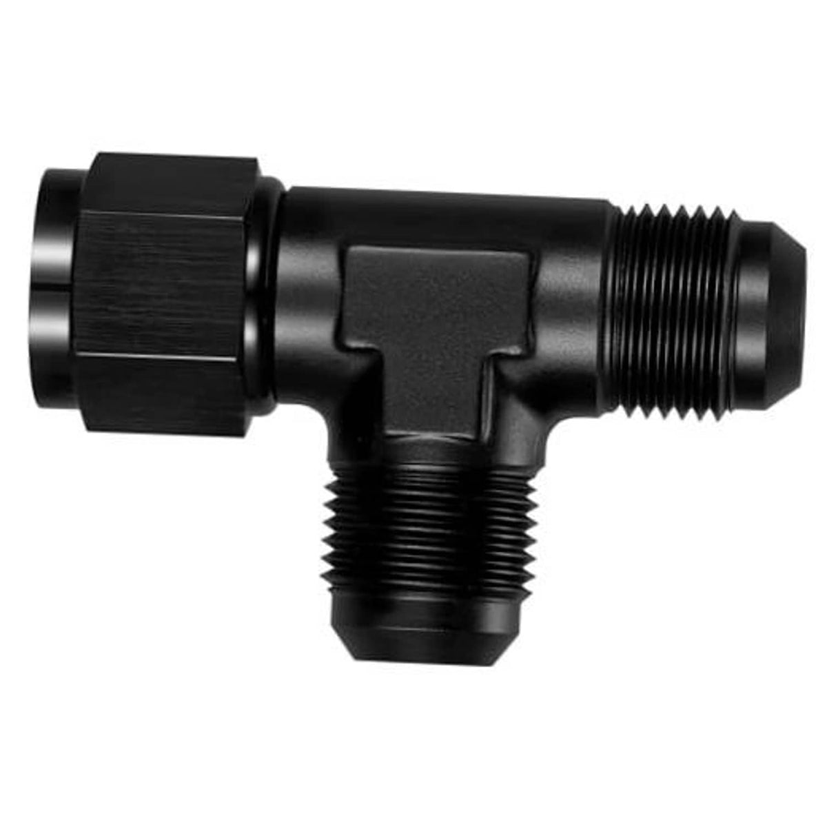 Black AN10 T-fitting adapter with male flare and threaded swivel ports