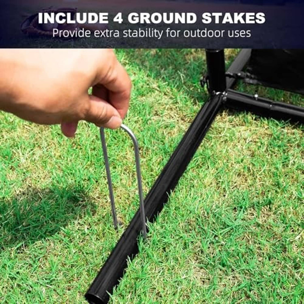Baseball pitching net includes black ground stakes for outdoor stability