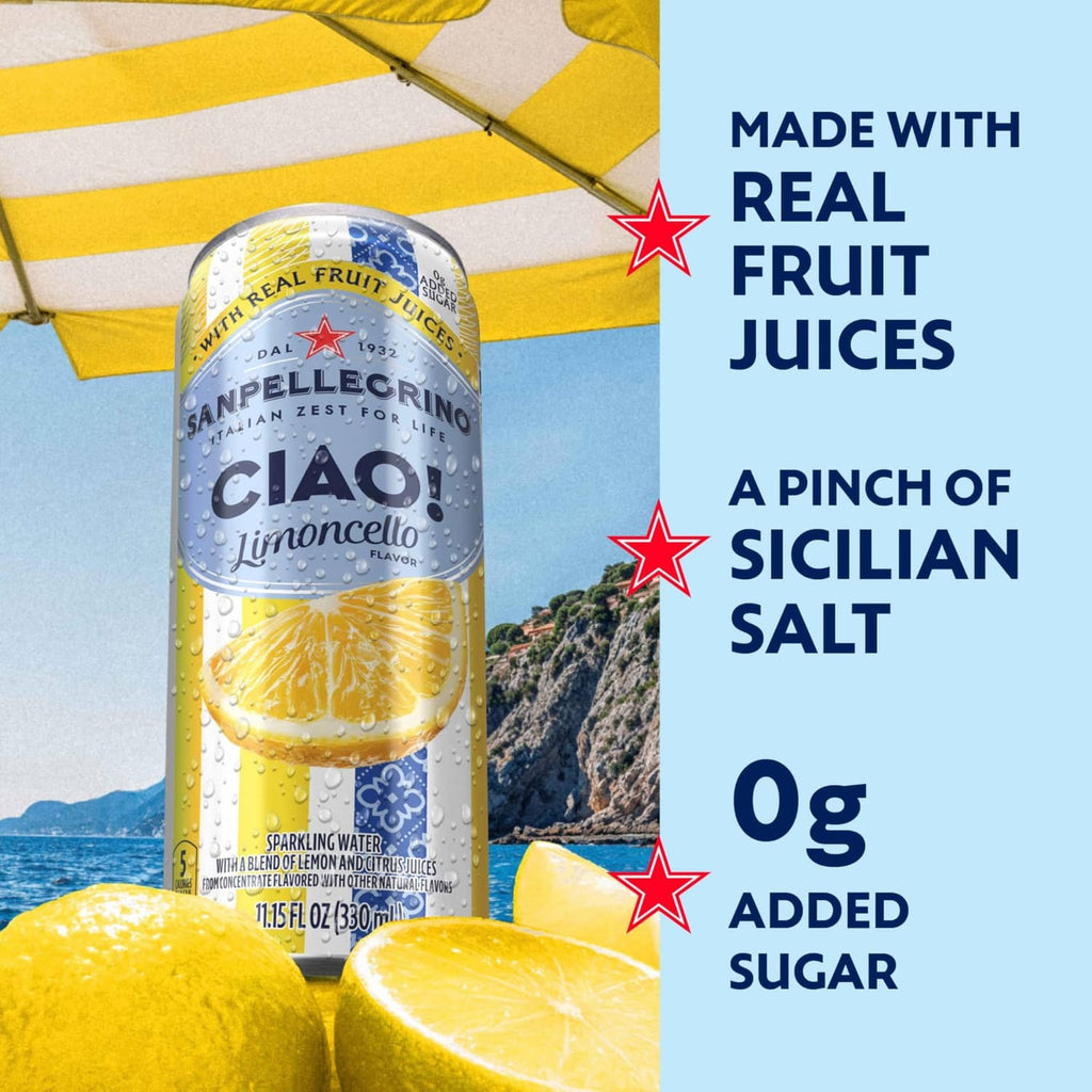 Sanpellegrino Ciao limoncello can with lemon slices, real fruit juices, and salt callouts