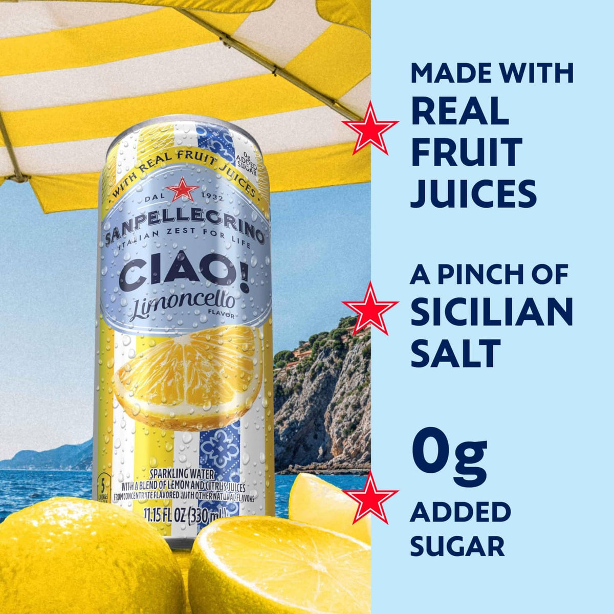 Sanpellegrino Ciao limoncello can with lemon slices, real fruit juices, and salt callouts