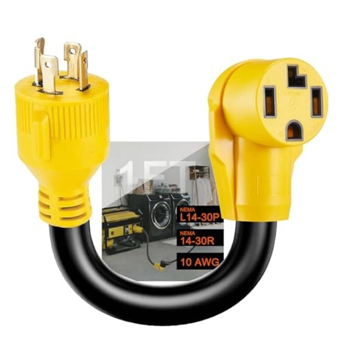 NEMA L14-30P to 14-30R adapter cord showing yellow plugs on black cable