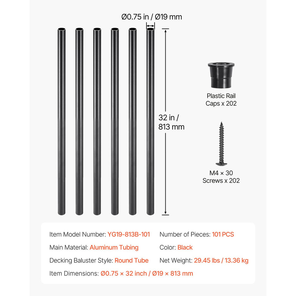 Black round aluminum balusters, 32 in length and 0.75 in diameter, 101 pcs