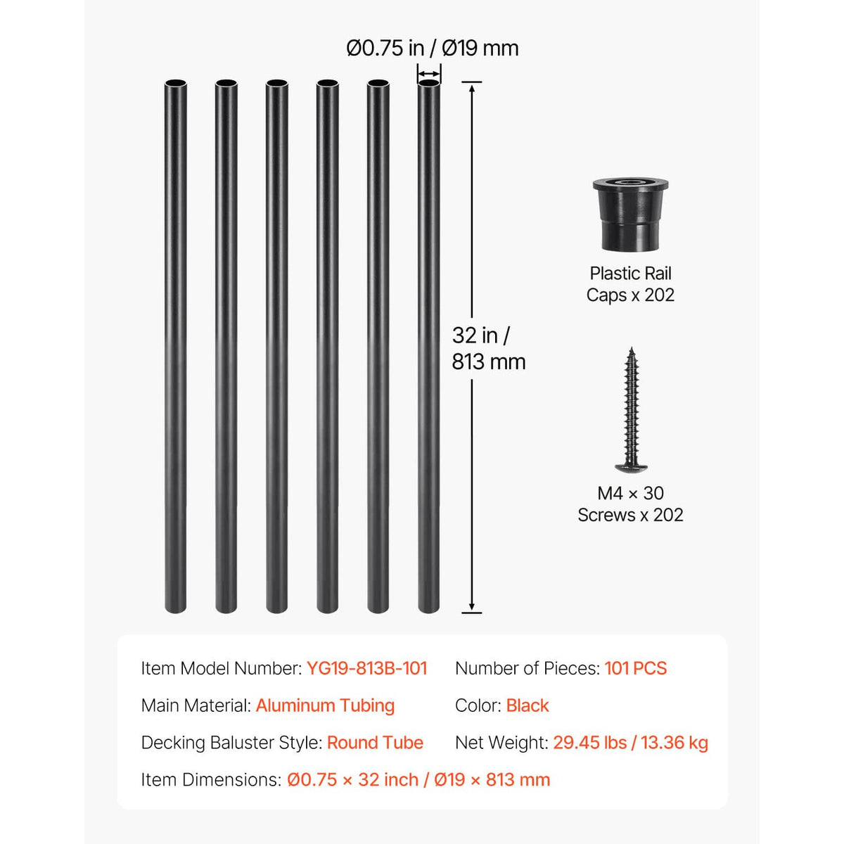 Black round aluminum balusters, 32 in length and 0.75 in diameter, 101 pcs