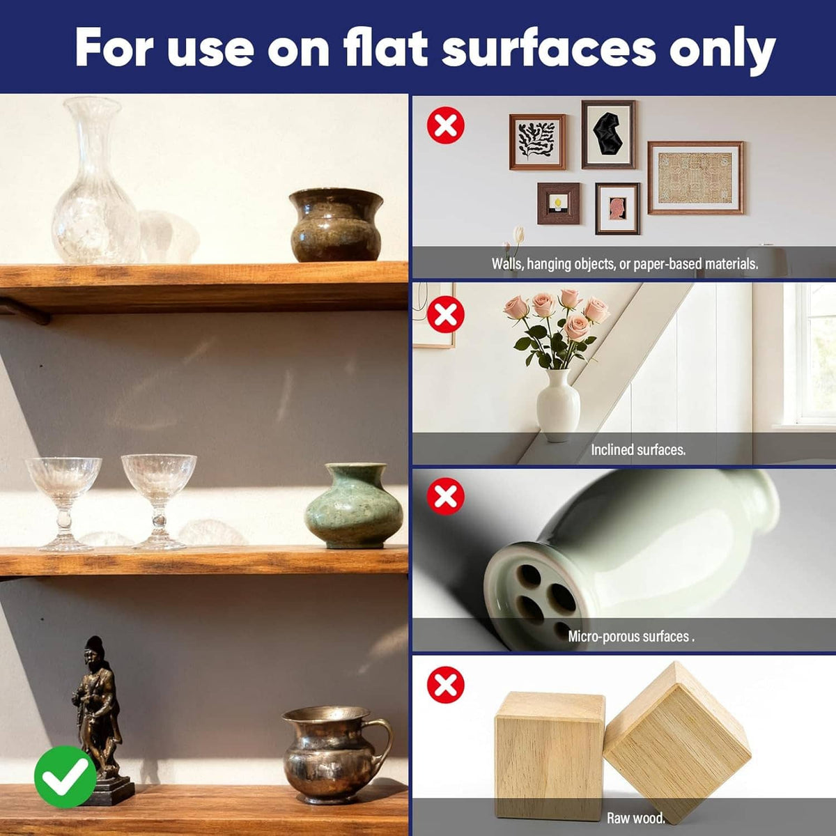 Museum paste use guide with checkmarks and red X marks for flat-surface application