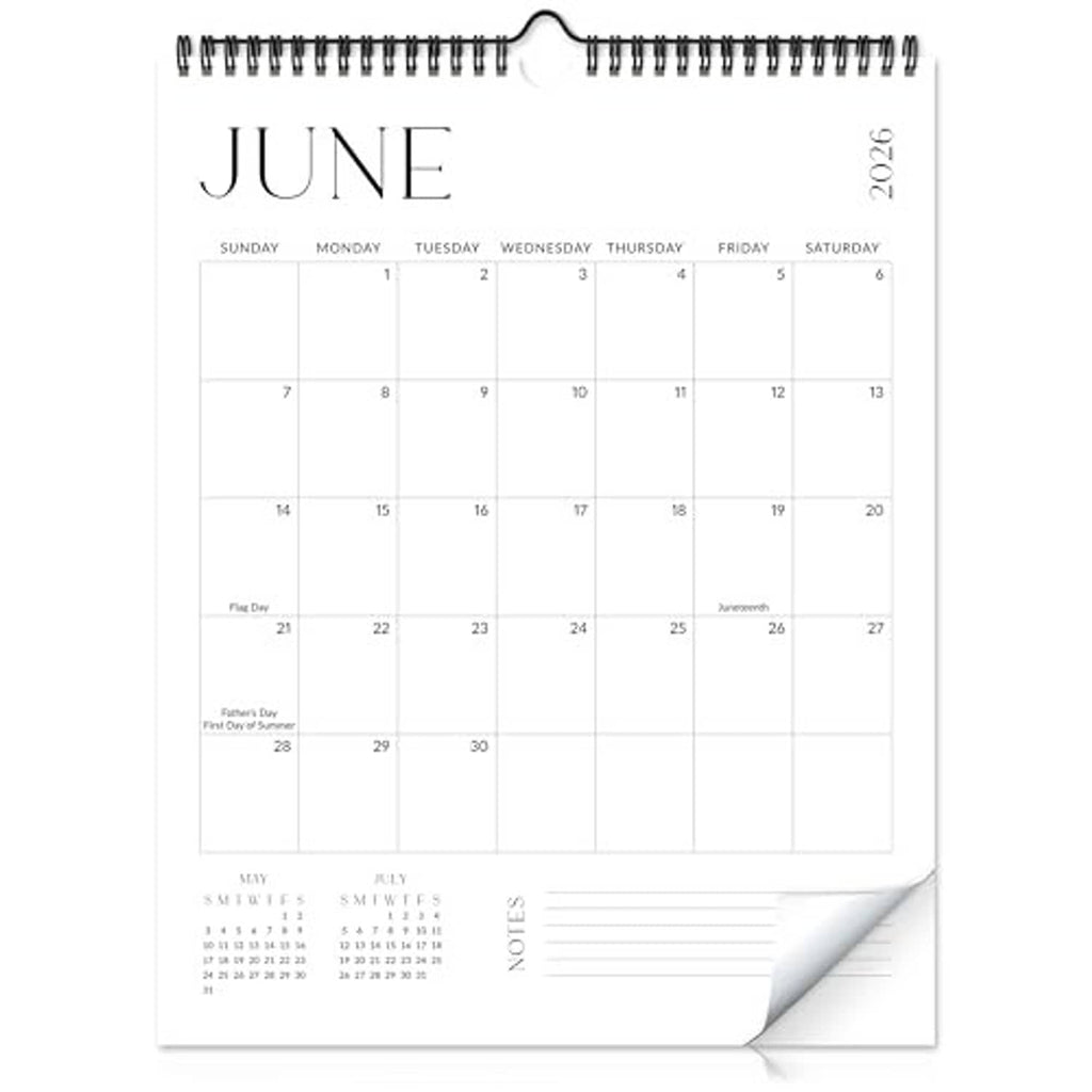 June wall calendar sheet with spiral binding, 2026 label on the right, date grid