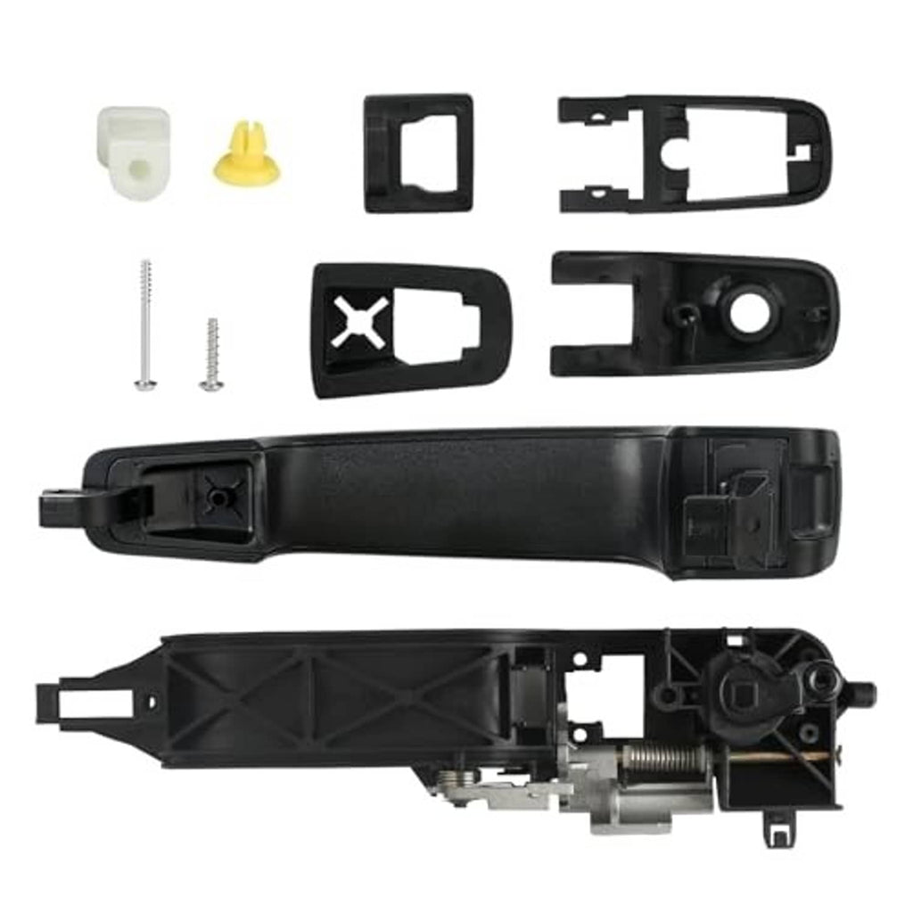 Black exterior door handle and reinforcement plate kit, disassembled with brackets and screws