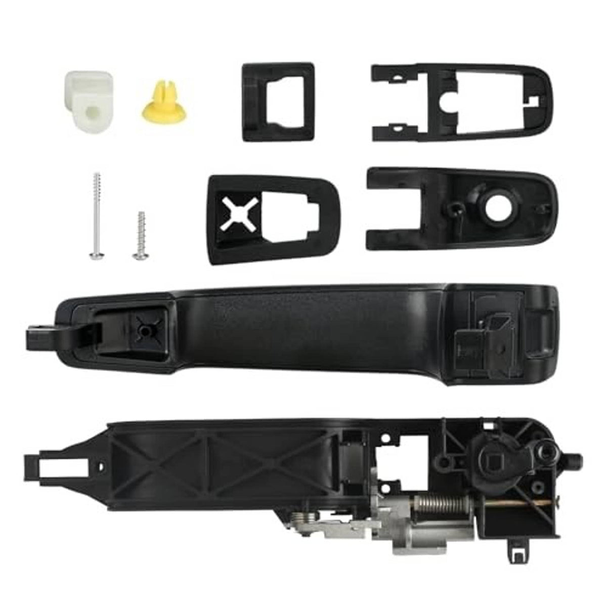 Black exterior door handle and reinforcement plate kit, disassembled with brackets and screws