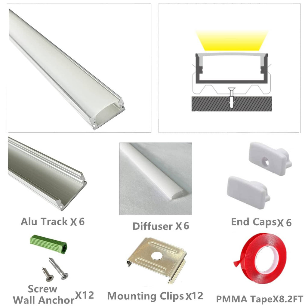 Six-piece white LED channel diffuser kit with end caps, mounting clips, and tape