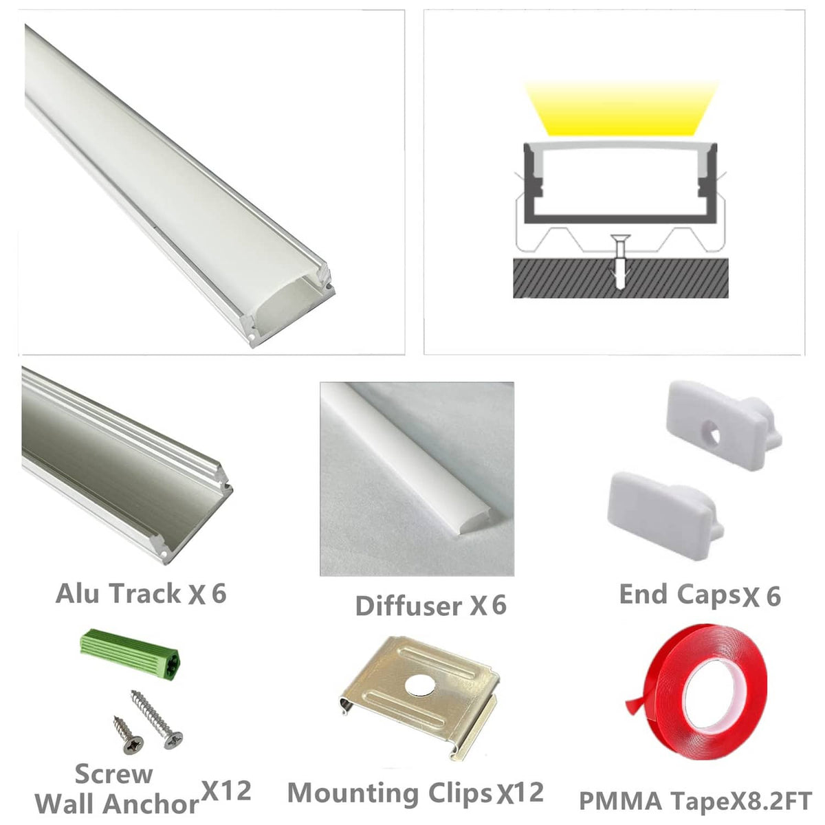 Six-piece white LED channel diffuser kit with end caps, mounting clips, and tape