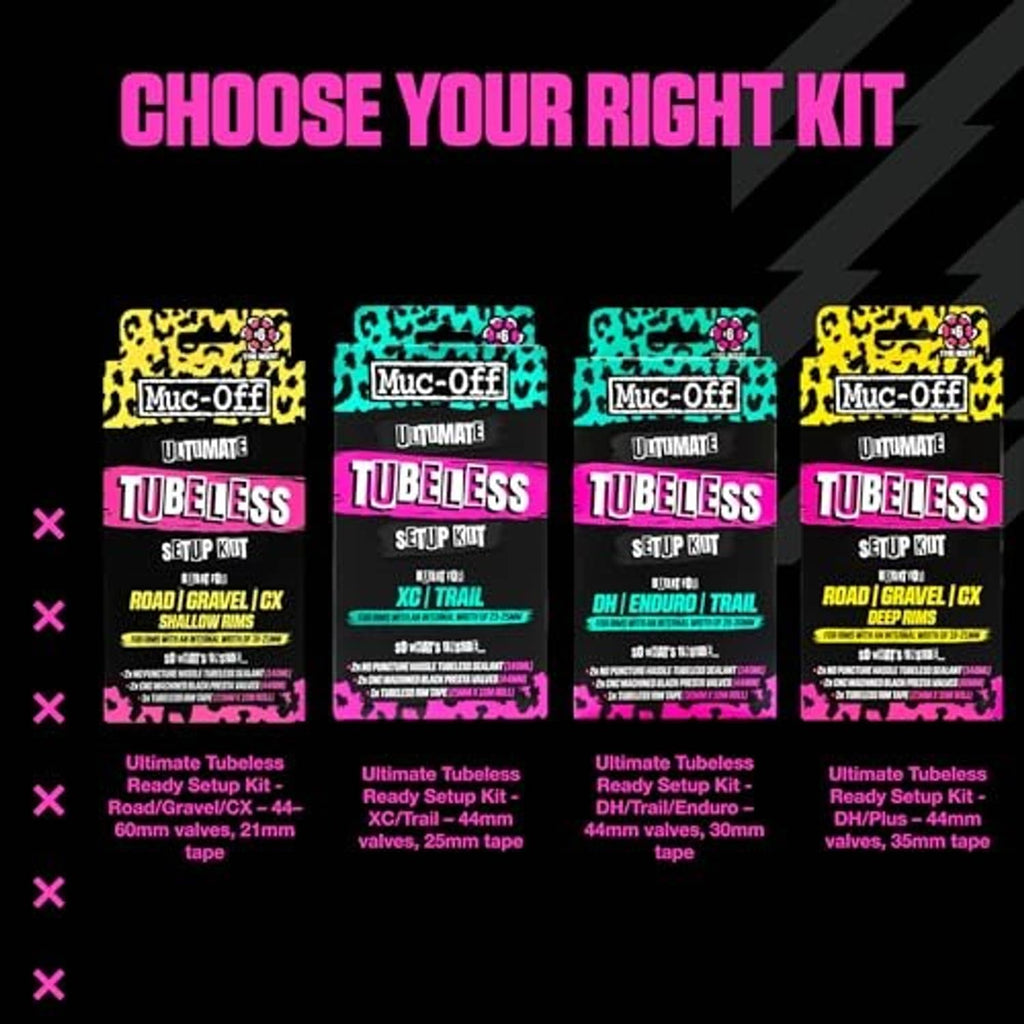 Selection chart showing multiple Ultimate tubeless setup kit variants by size