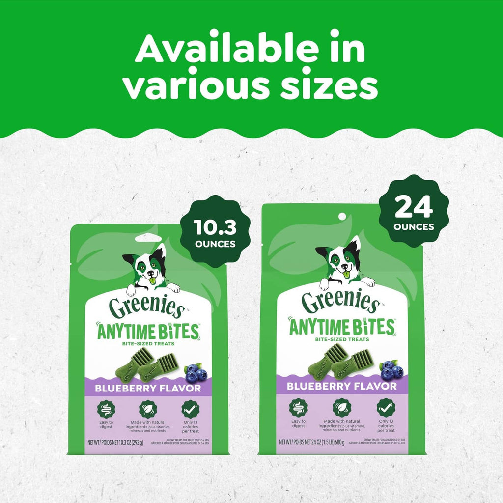 Greenies Anytime Bites blueberry flavor packs in 10.3 oz and 24 oz sizes