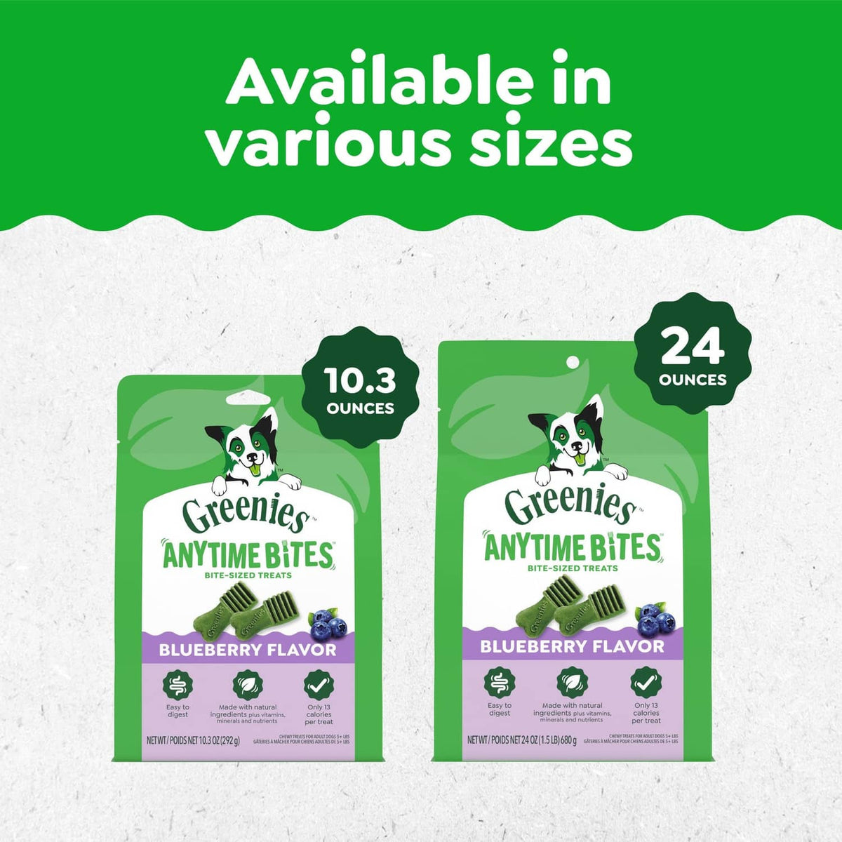 Greenies Anytime Bites blueberry flavor packs in 10.3 oz and 24 oz sizes