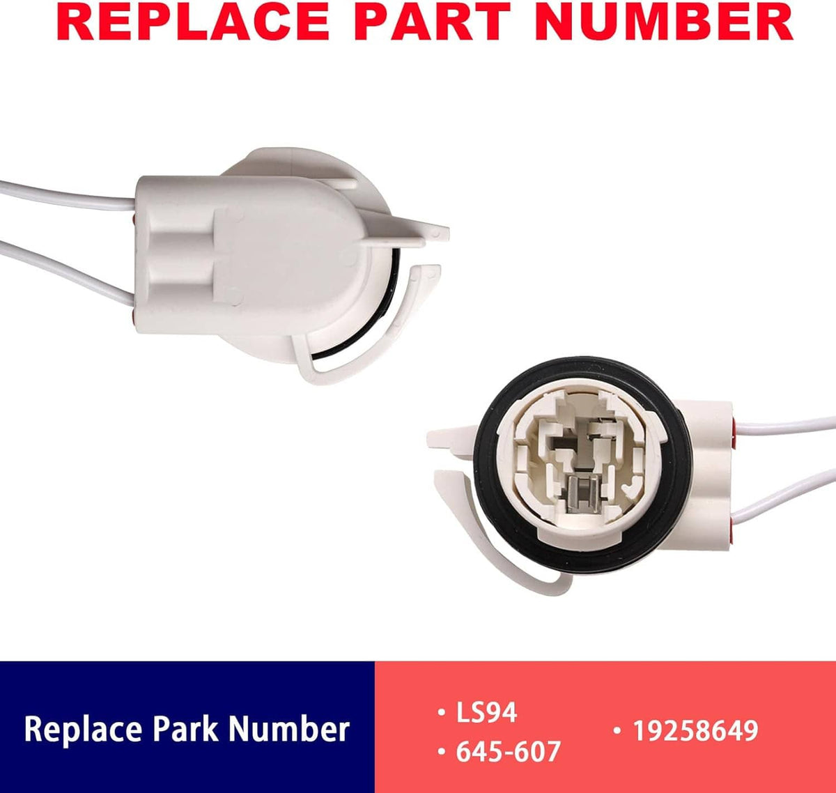 Close-up of two round light socket connectors with white wires and gray housing