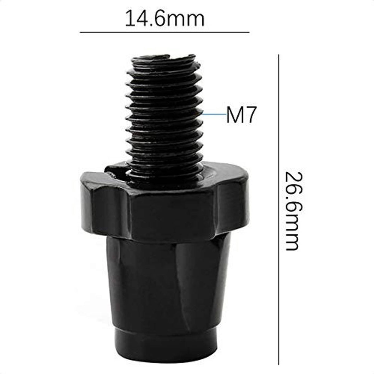Black threaded brake lever barrel with size markings: 14.6mm height and M7 thread