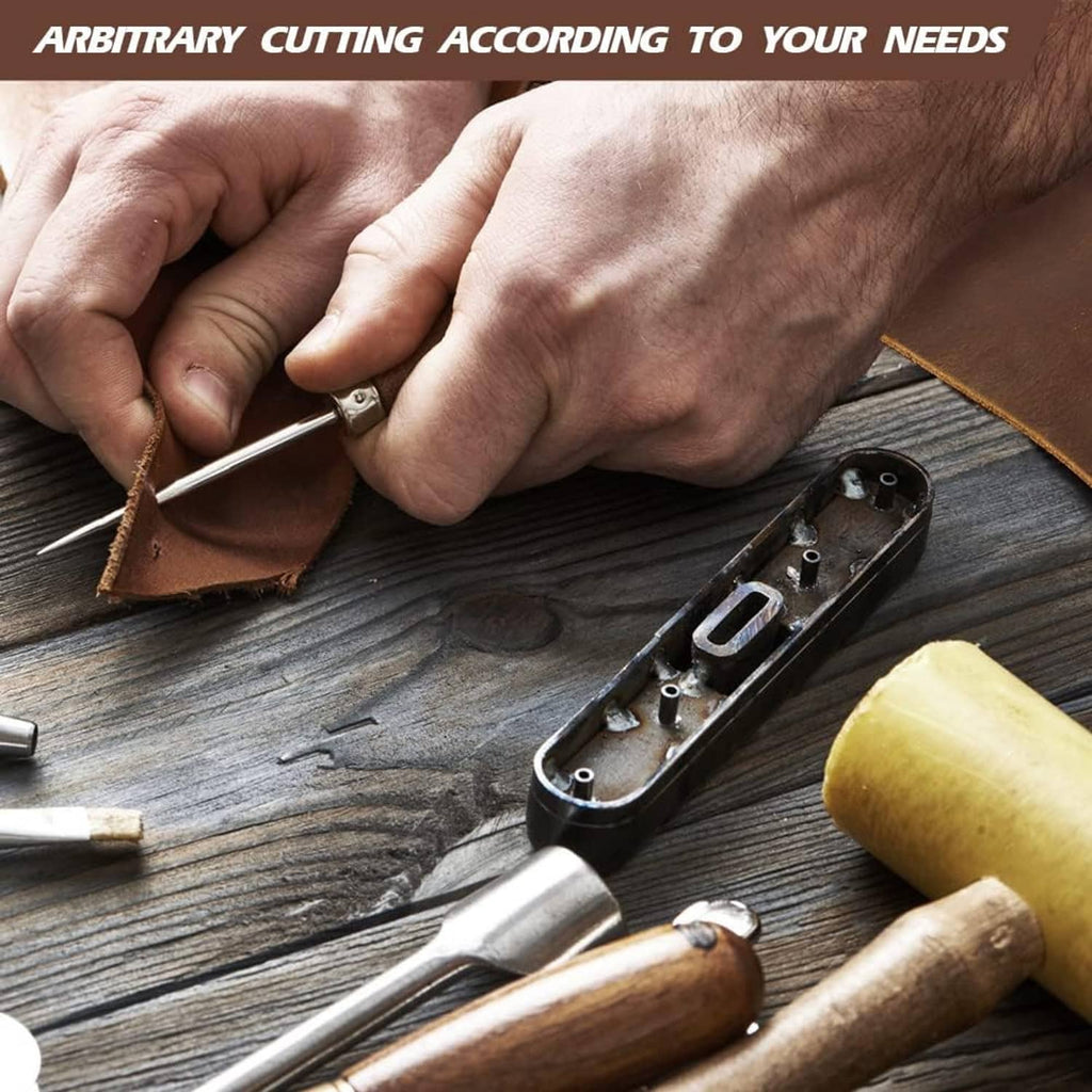 Hands cutting a small piece of brown leather sheet for craft projects