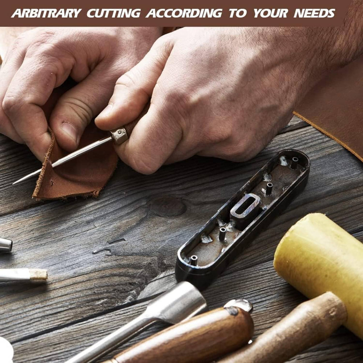 Hands cutting a small piece of brown leather sheet for craft projects