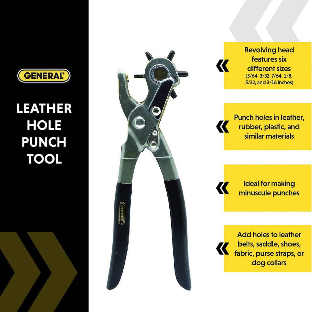 General Tools leather hole punch pliers with rotating punch head and black handles