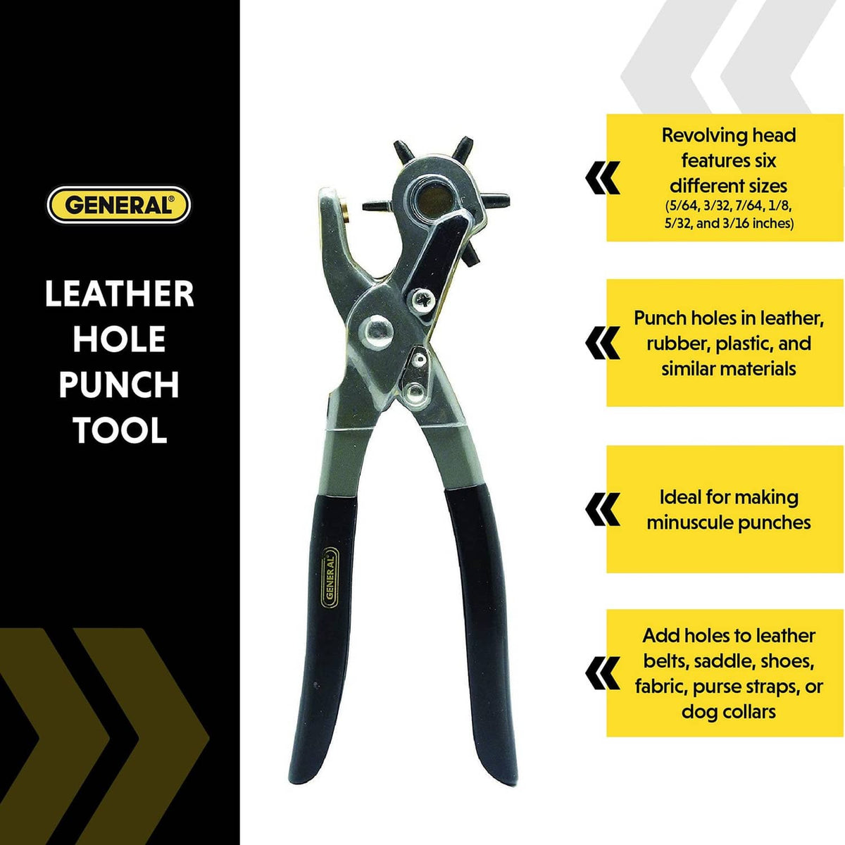 General Tools leather hole punch pliers with rotating punch head and black handles