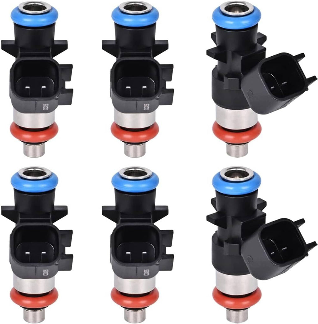 Set of fuel injectors with black housings, blue caps, red seals, and metal nozzles