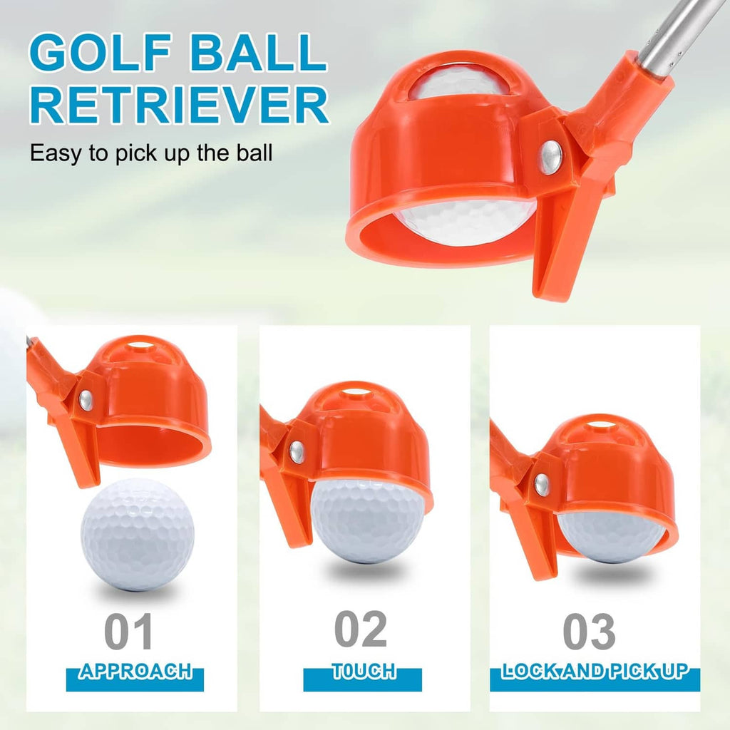 Orange golf ball retriever picker with claw open near a golf ball