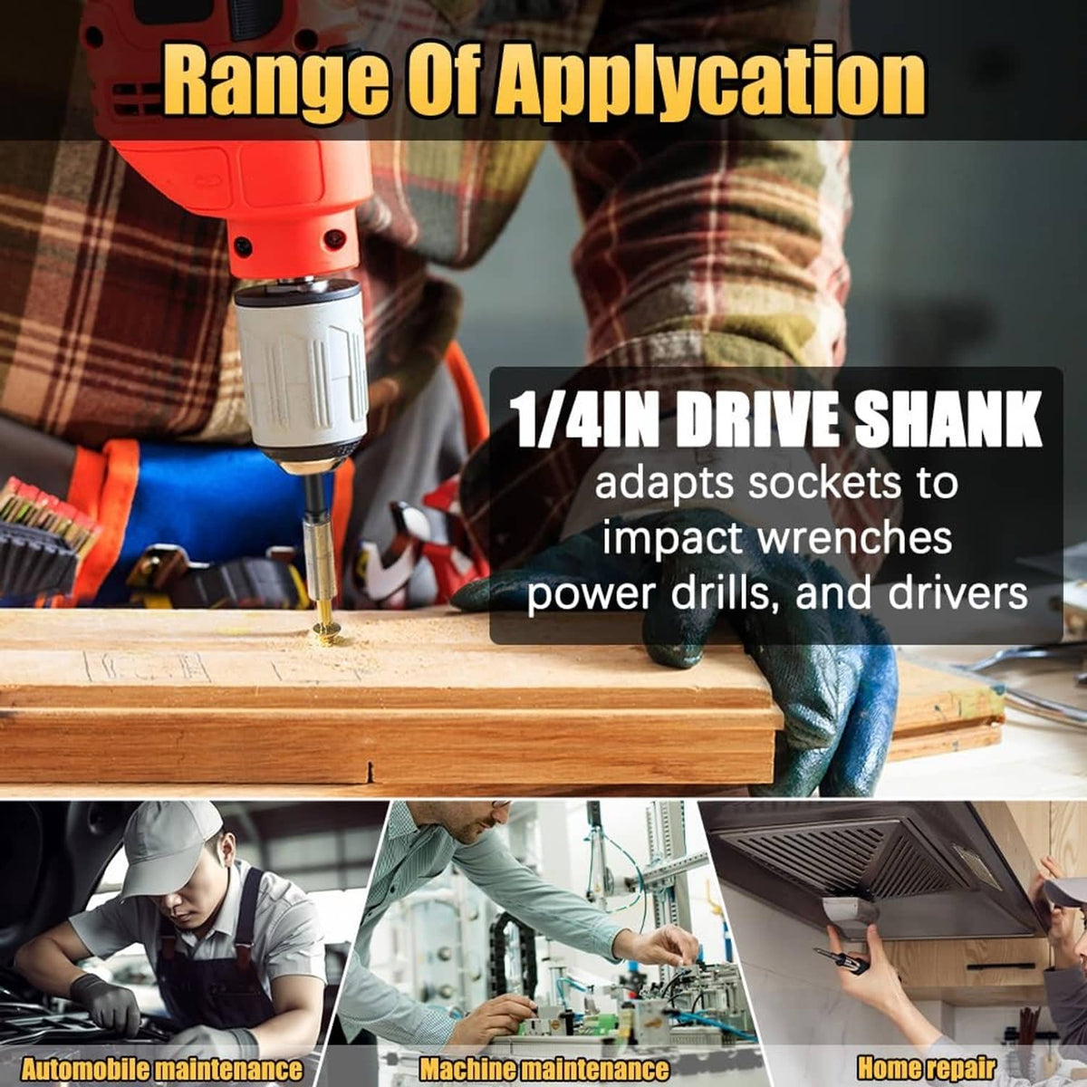 Black 1/4-inch drive impact socket adapter shank for use with drill and sockets