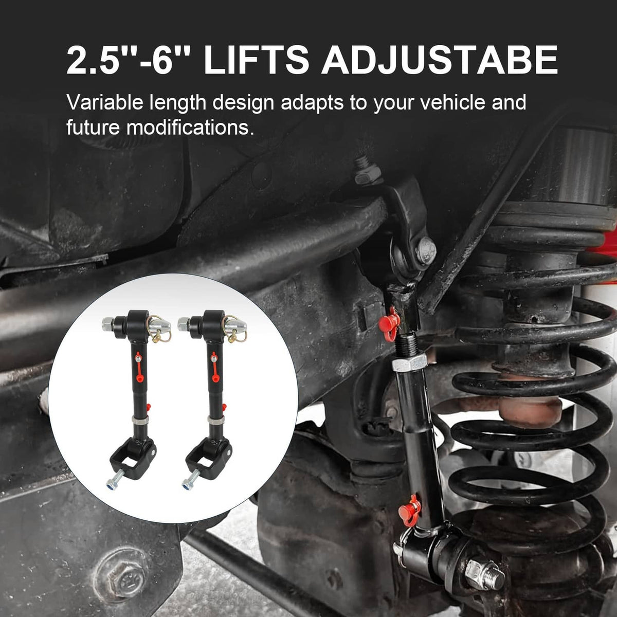 Adjustable sway bar link installed on vehicle suspension with black links and mounting pins