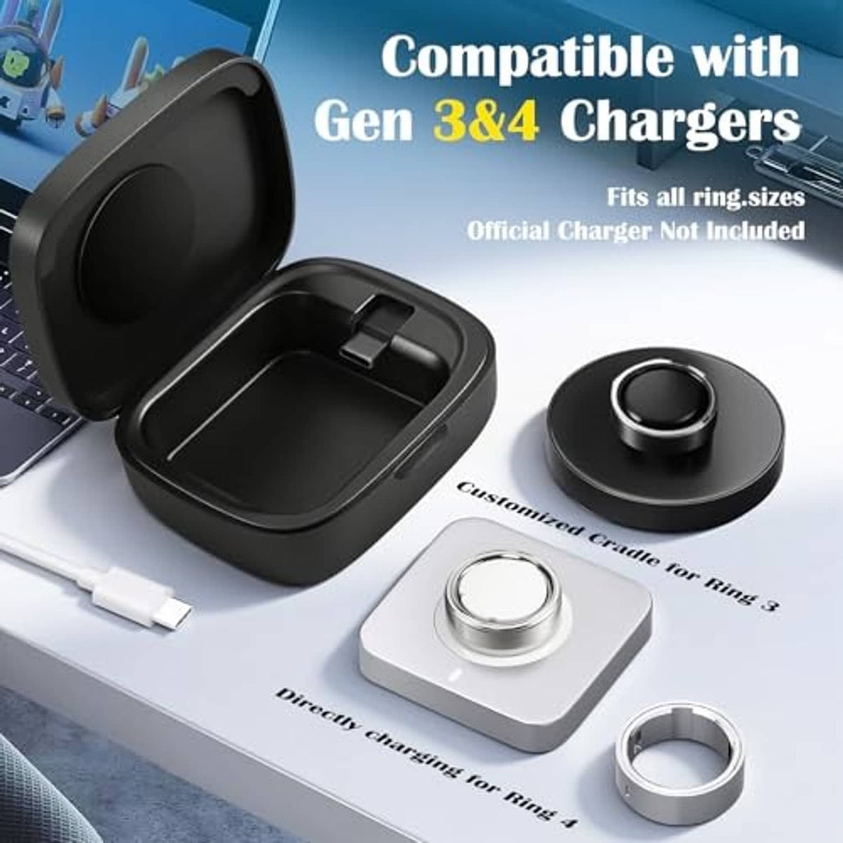 Black charging case with ring holder base, cable plug and ring adapters shown