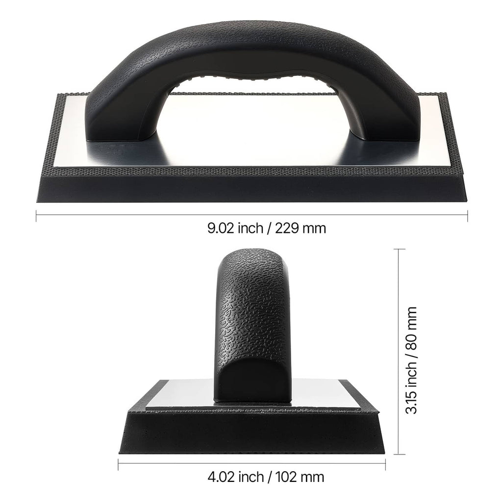Black grout float size diagram with curved handle and rectangular base plate