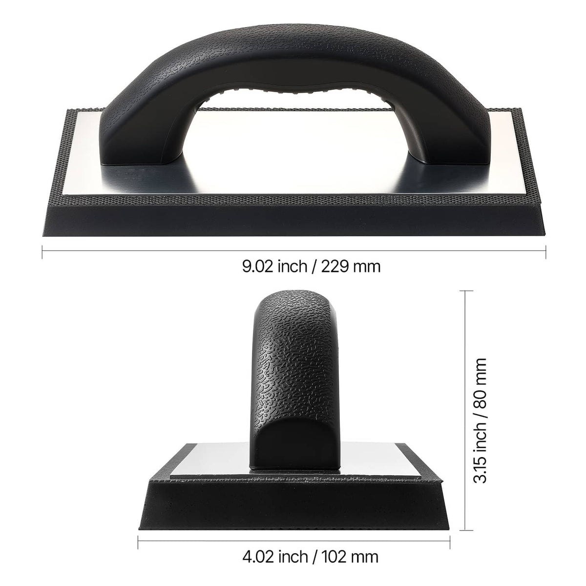 Black grout float size diagram with curved handle and rectangular base plate
