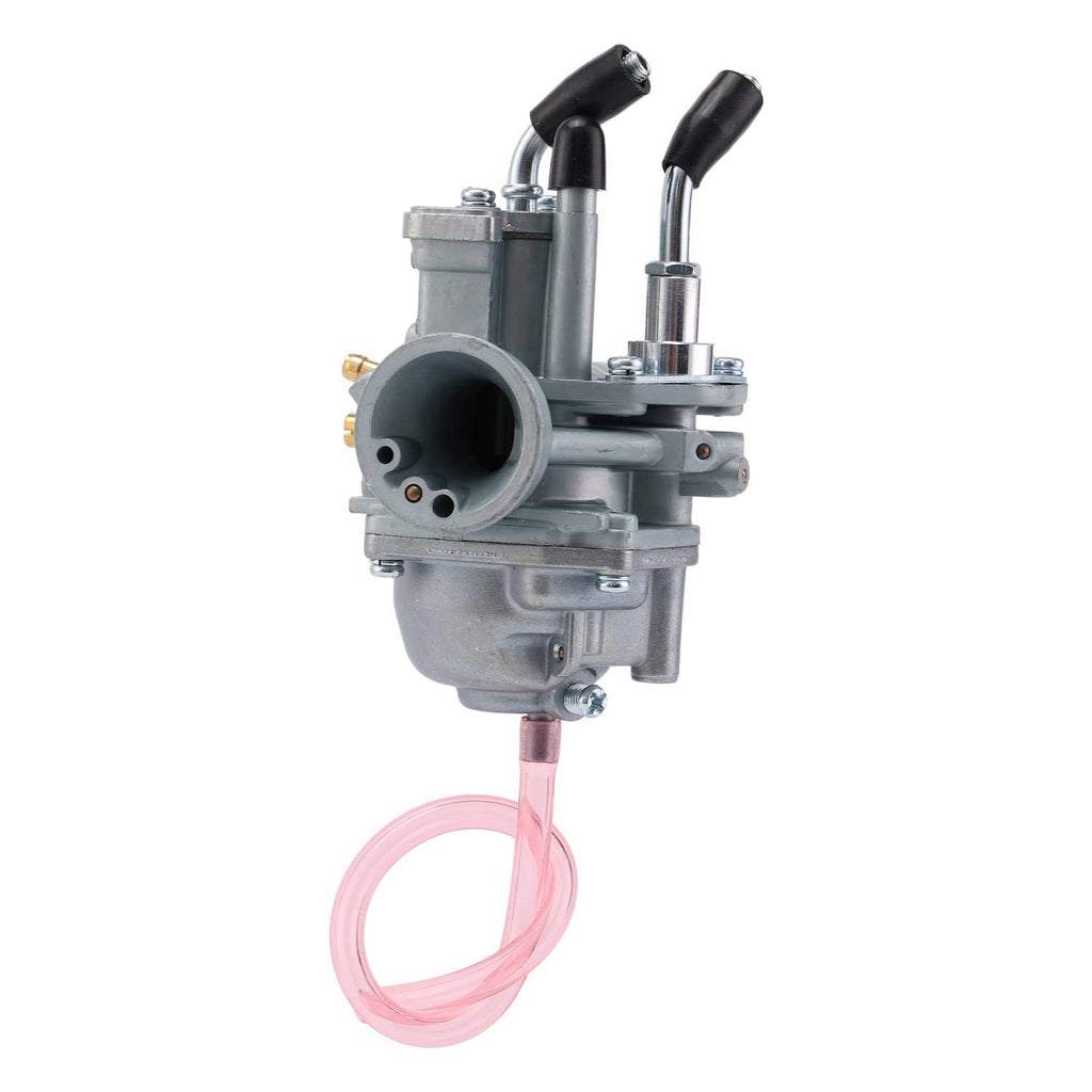 Gray carburetor with black air intake hoses and clear pink fuel line tube