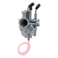Gray carburetor with black air intake hoses and clear pink fuel line tube