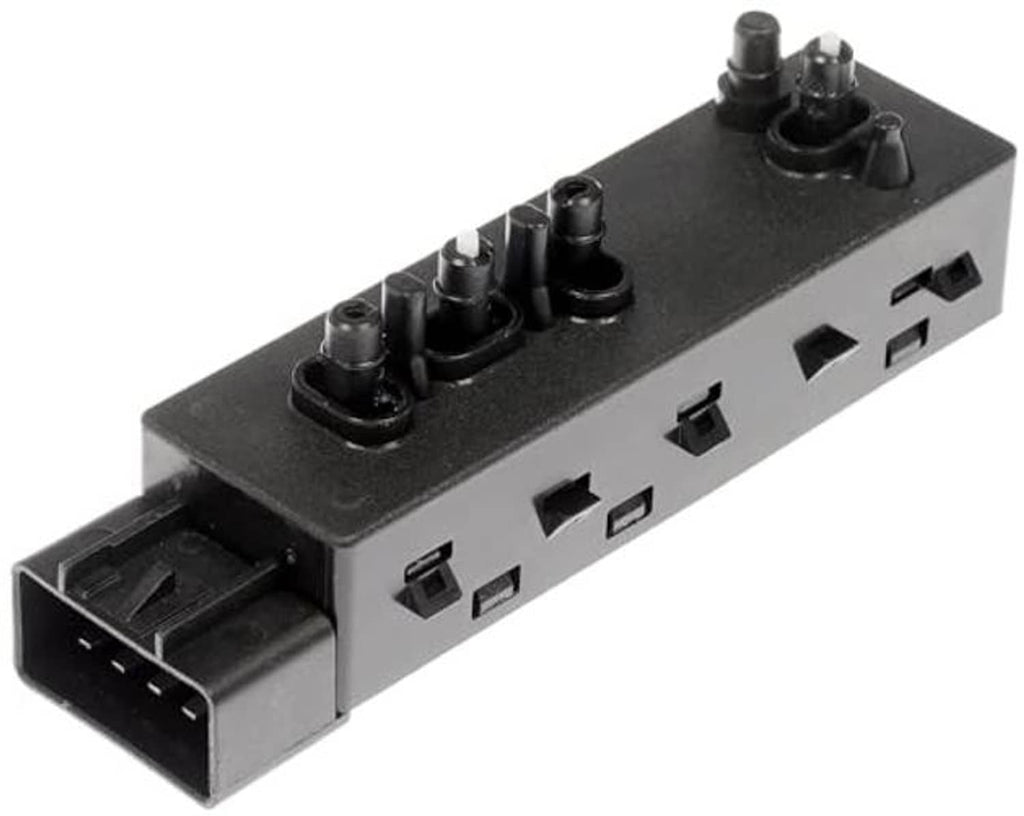 Power seat switch panel with rocker buttons, ports, and front wiring connector